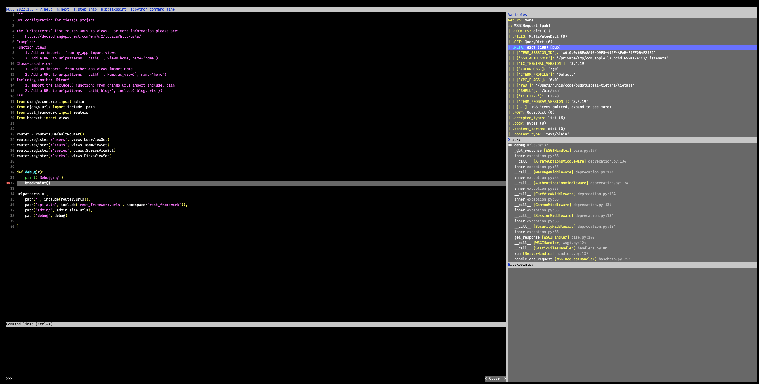 A 5-pane window of PuDB debugger.