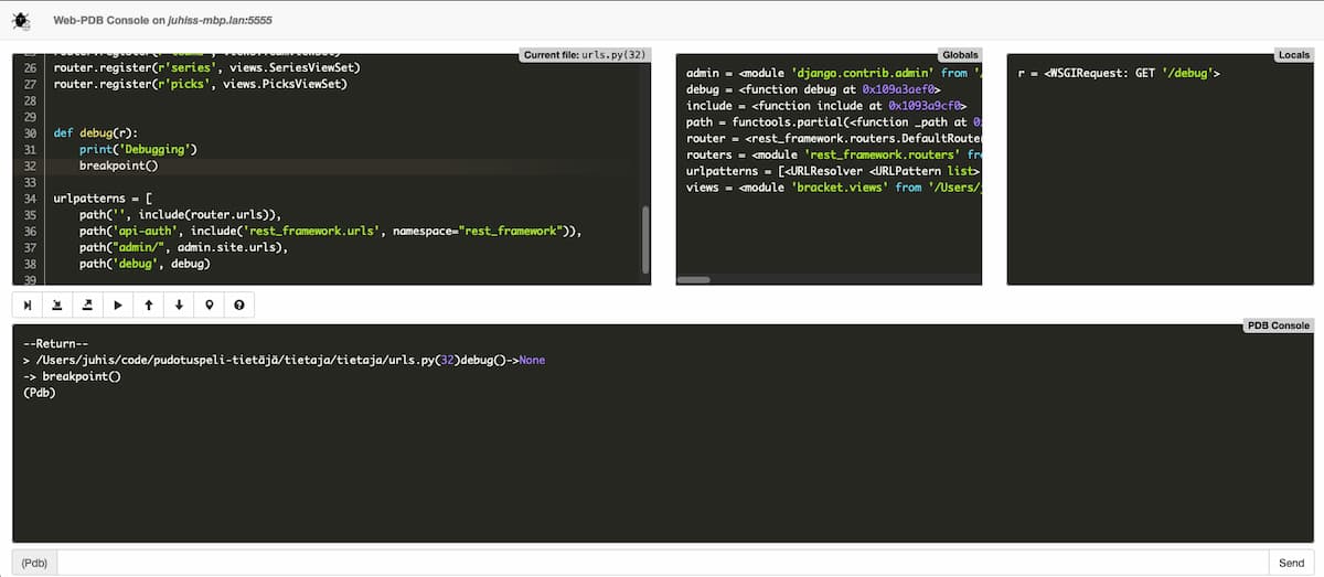 A 4-pane window of web-pdb debugger view