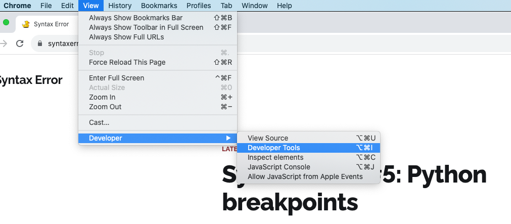 Screenshot of Chrome's menus showing where to find Developer Tools under View and Developer menus