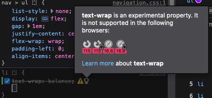 Screenshot of a tooltip showing compatibility table for text-wrap CSS property