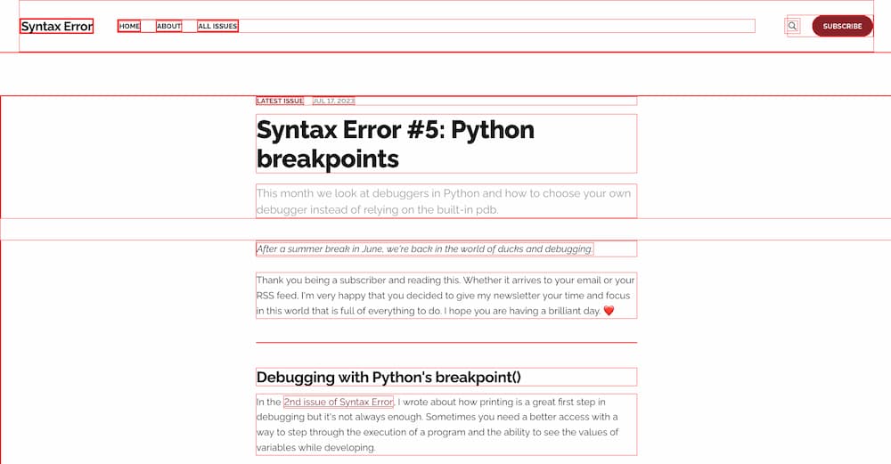 Screenshot of Syntax Error web page with red borders around every element