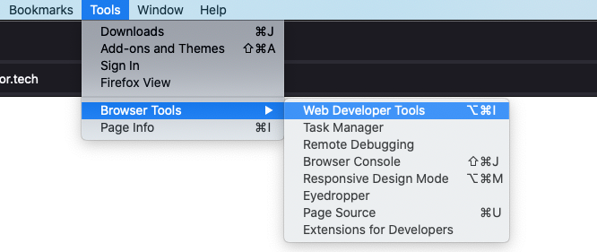 Screenshot of Firefox's menus showing where to find Web Developer Tools under Tools and Browser Tools menus