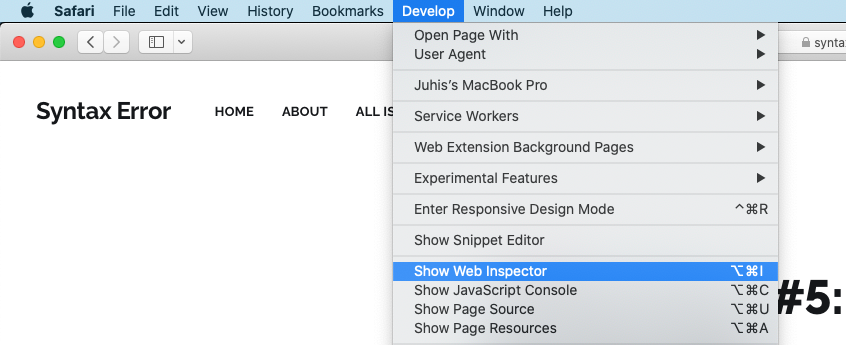Screenshot of Safari's menus showing where to find Show Web Inspector under Develop menu