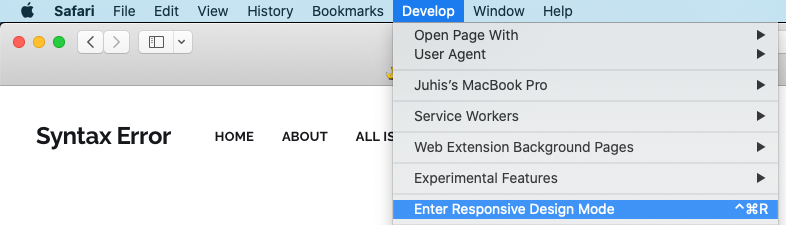 Screenshot of Safari menu with Enter Responsive Design Mode highlighted