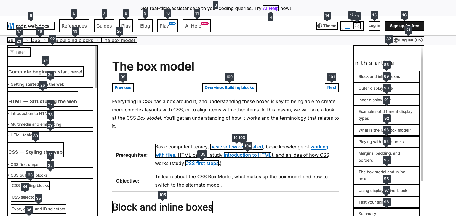 Screenshot of Box Model documentation page with Tabbing Order enabled. A lot of black boxes with white numbers next to objects on the web page.