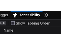 Screenshot of Dev Tools showing Accessibility panel active and Show Tabbing Order checkbox unchecked