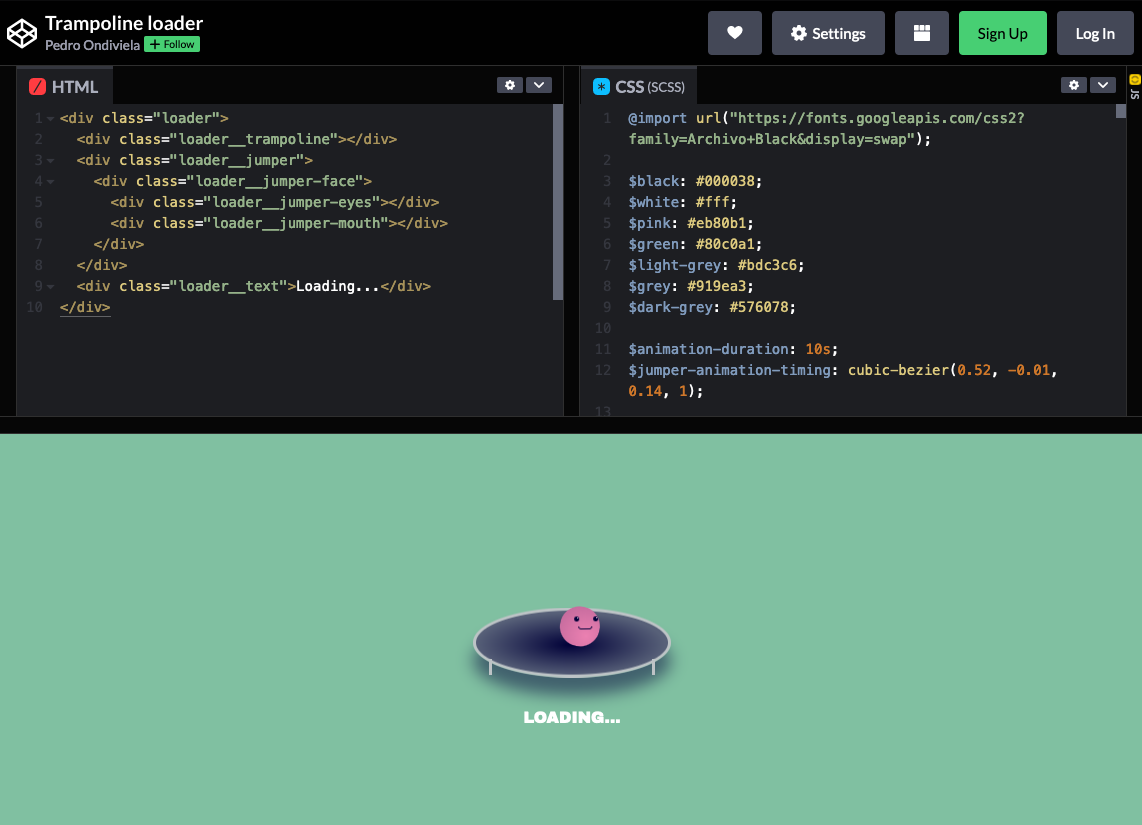 Screenshot of CodePen with HTML and CSS code for a loader and a cute pink blob jumping on a round trampoline with text Loading... below it
