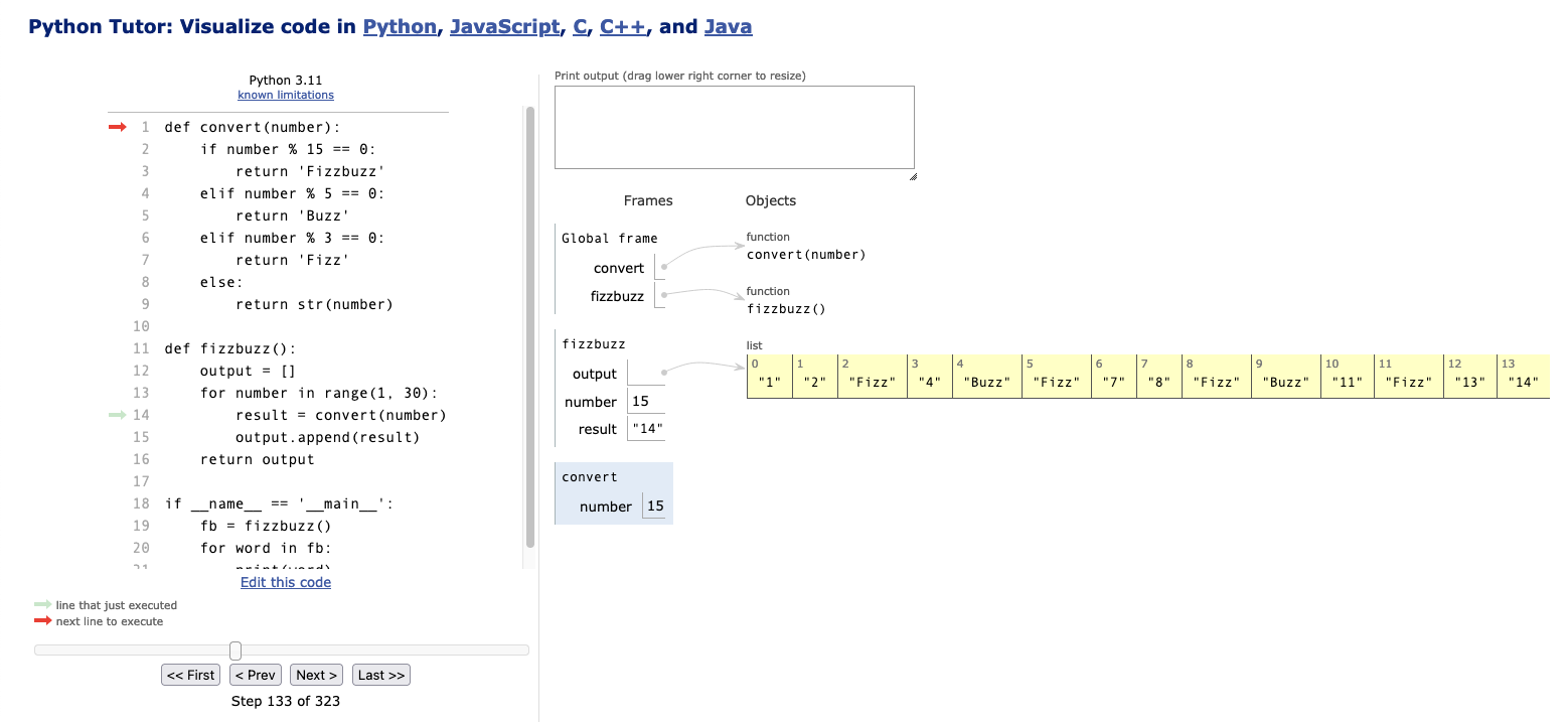 Screenshot of PythonTutor with a script running fizzbuzz and on the right, the visualization in the middle of number 15