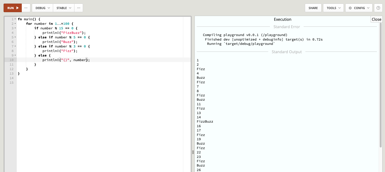 Screenshot of Rust Playground with FizzBuzz code on the left and print output on the right.